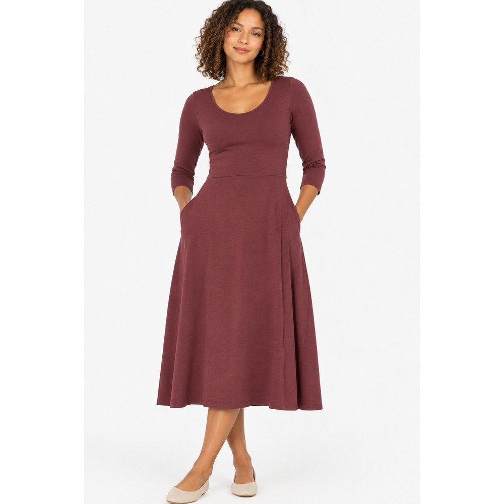Pact Organic Cotton Fit and Flare 3/4 Sleeve Midi Dress in Burgundy sz M